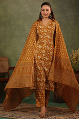 Mustard Cotton Ready-made Suit with Embroidered Neck