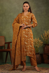 Mustard Cotton Ready-made Suit with Embroidered Neck