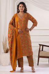 Mustard Cotton Ready-Made Suit with Elegant Neck Detailing
