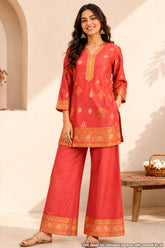 Gajari Silk Kurti with Neck Embroidery