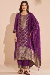 Wine Silk Straight Suit with Weaving Work