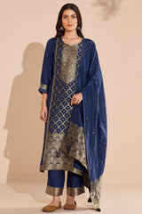 Navy Silk Straight Suit with Weaving Work
