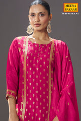 Pink Silk Straight Suit with Weaving Work