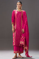 Pink Silk Straight Suit with Weaving Work