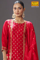 Red Silk Straight Suit with Weaving Work