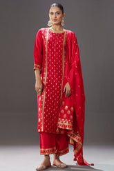Red Silk Straight Suit with Weaving Work