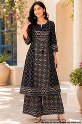 Black Cotton Ready-Made Suit with Elegant Neck Embroidery