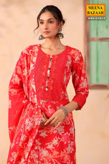 Red Cotton Ready Made Suit with Embroidered Neck