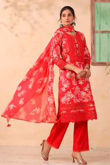 Red Cotton Ready Made Suit with Embroidered Neck