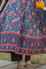 Navy Cotton Ready Made Suit with Embroidered Neck
