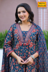 Navy Cotton Ready Made Suit with Embroidered Neck