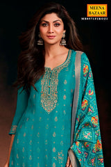 Firozi Silk Neck Embroidered Ready Made Suit