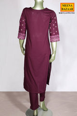 Wine Cotton Neck Embroidered Suit