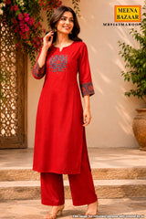 Maroon Cotton Neck Embroidered Suit for Women