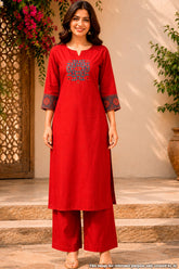 Maroon Cotton Neck Embroidered Suit for Women
