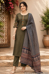 Mehandi Cotton Neck Embroidered Kurti for Women