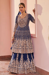 Navy Georgette Embroidered Straight Suit