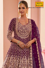 Wine Georgette Embroidered Straight Suit