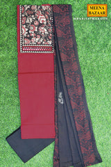 Maroon & Black Cotton Unstitched Suit Set with Printed Dupatta