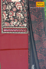 Maroon & Black Cotton Unstitched Suit Set with Printed Dupatta