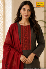 Grey Cotton Suit Set with Dupatta