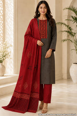 Grey Cotton Suit Set with Dupatta