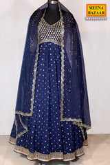 Navy Blue Georgette Zari & Sequins Embroidered Anarkali Styled Suit