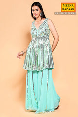 Aqua Blue Georgette Sequin Embroidered Sharara Suit