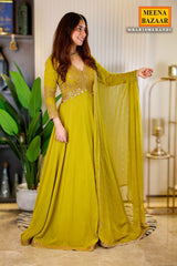 Mehandi Georgette Thread, Zari Embroidered Anarkali Suit