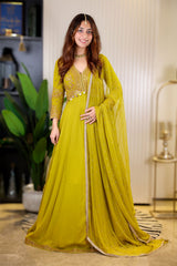 Mehandi Georgette Thread, Zari Embroidered Anarkali Suit