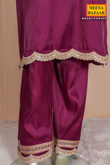 Wine Silk Ready Made Suit with Intricate Embroidery