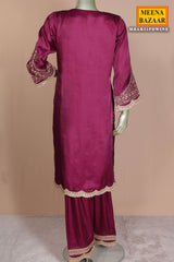 Wine Silk Ready Made Suit with Intricate Embroidery