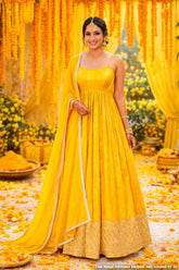 Mustard Silk Ready-Made Gown with Zari, Embroidery & Cutdana Work
