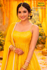 Mustard Silk Ready-Made Gown with Zari, Embroidery & Cutdana Work