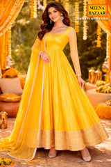 Mustard Silk Ready-Made Gown with Zari, Embroidery & Cutdana Work