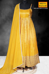 Mustard Silk Ready-Made Gown with Zari, Embroidery & Cutdana Work