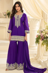 Purple Georgette Straight Sharara Suit with Embroidery