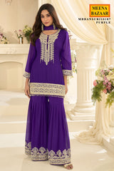 Purple Georgette Straight Sharara Suit with Embroidery