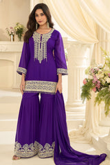 Purple Georgette Straight Sharara Suit with Embroidery