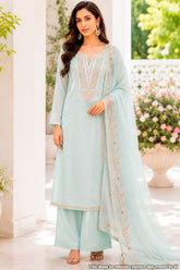 Firozi Chanderi Suit Piece with Neck Embroidery