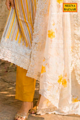 Mustard Striped Cotton Unstitched Kurta Set with Organza Dupatta