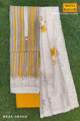 Mustard Striped Cotton Unstitched Kurta Set with Organza Dupatta