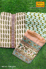 Mehandi Cotton Embroidered Unstitched Suit Set