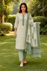 Mehandi Cotton Embroidered Unstitched Suit Set