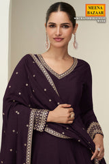 Wine Embroidered Anarkali with Dupatta Suit Elegant Festive & Ethnic Wear
