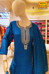 Blue Neck Embroidered Silk Readymade Suit Party & Festive Wear