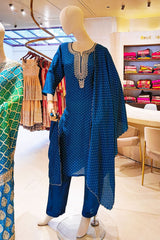 Blue Neck Embroidered Silk Readymade Suit Party & Festive Wear