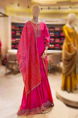 Rani Silk Neck Embroidered ReadyMade Sharara Suit Set