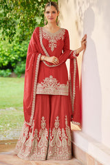 Rust Embroidered Chinon Sharara Suit