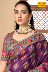 Purple printed satin silk embellished saree